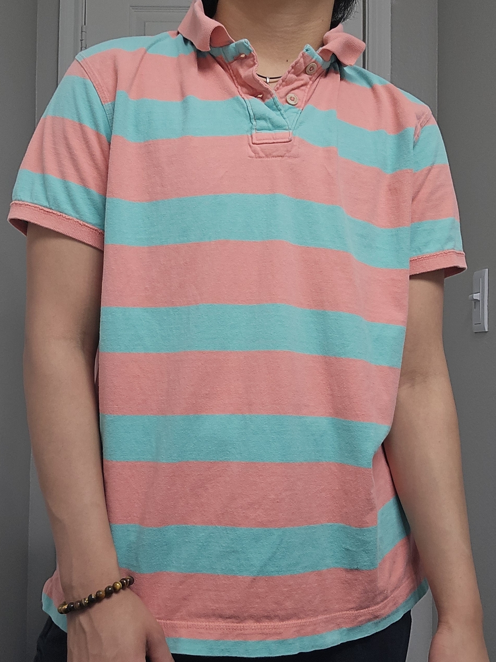 Red Camel Men’s Large Pink & Turquoise Striped Polo Shirt